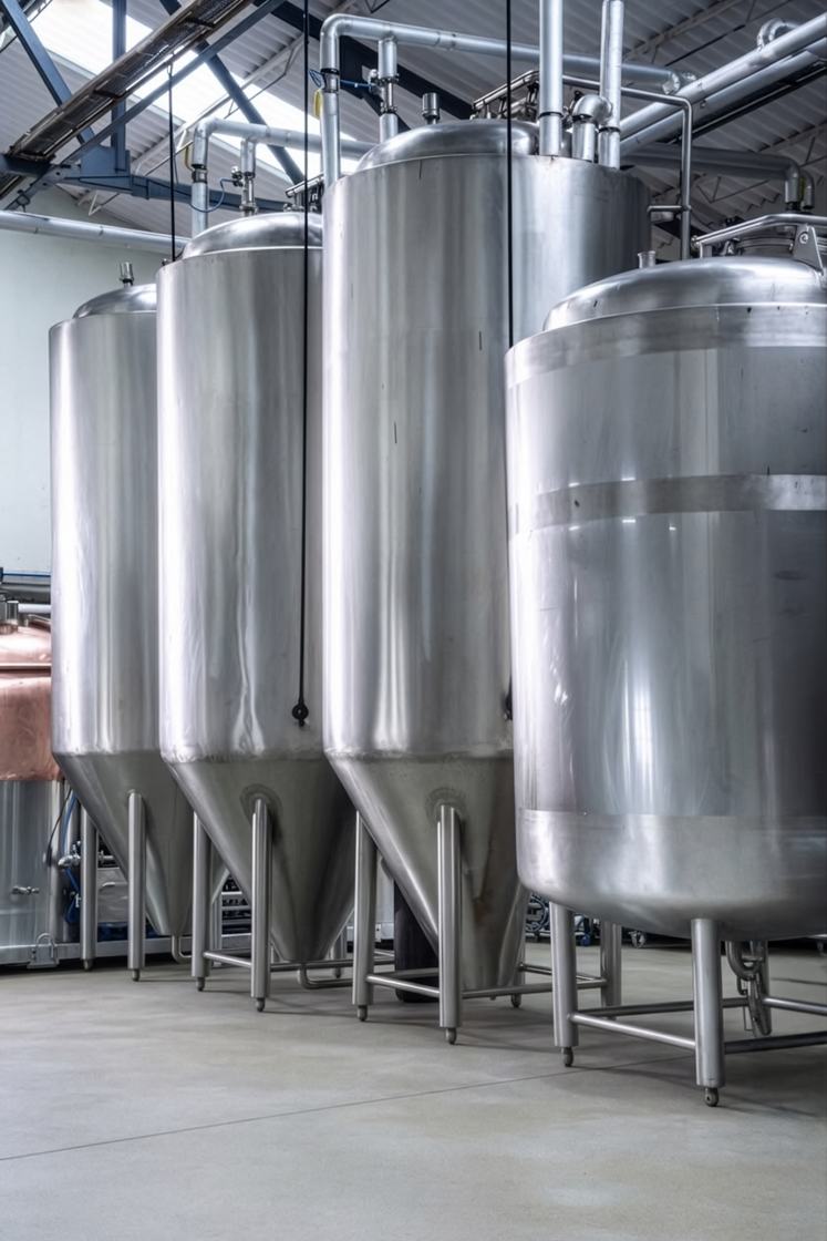 Corridor of fermentation tanks with the copper brewhouse beyond